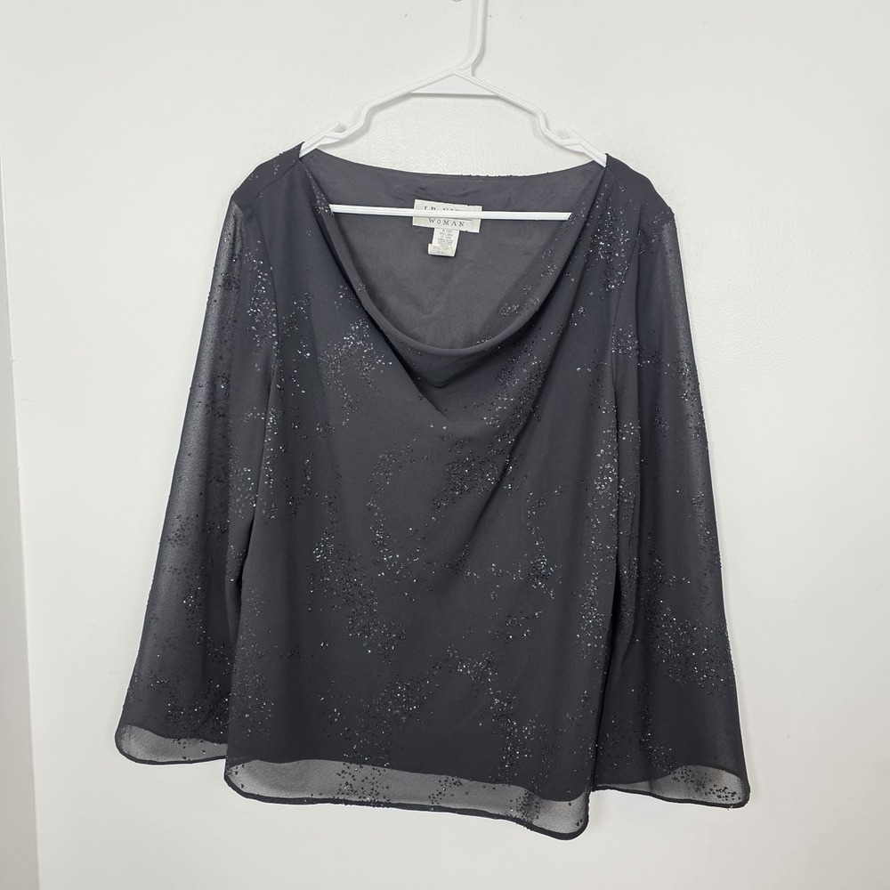 J.R. Nites Black Sparkly Glam Cowl Neck Party Sheer Sleeve Blouse Size‎ 16W